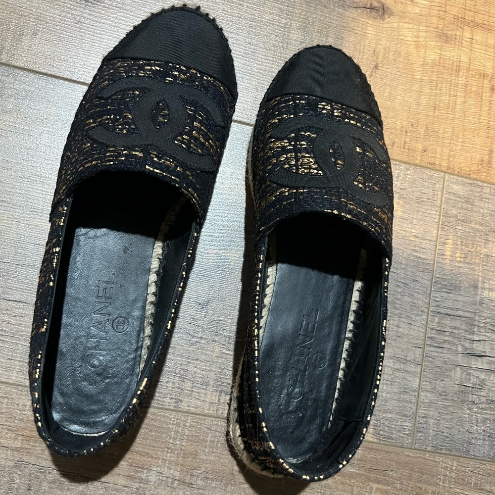 Chanel espadrilles (two tone, black and blue fabric with gold details)